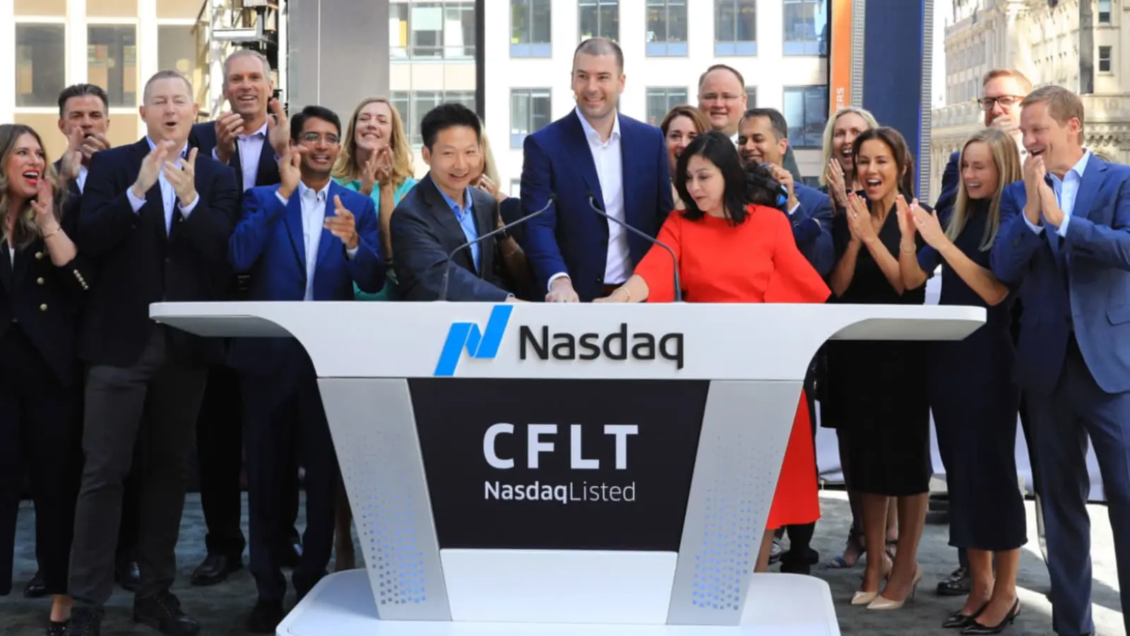 Confluent at the Nasdaq site for their IPO June 25, 2021. 